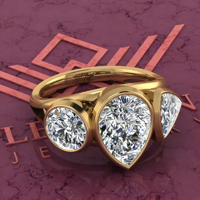 36 CTW Pear Cut ThreeStone Random Shape Bezel D Color Moissanite Ring Leyloon Jewelry Rings 36 CTW Pear Cut ThreeStone Random Shape Bezel D Color Moissanite Ring Leyloon Jewelry Rings