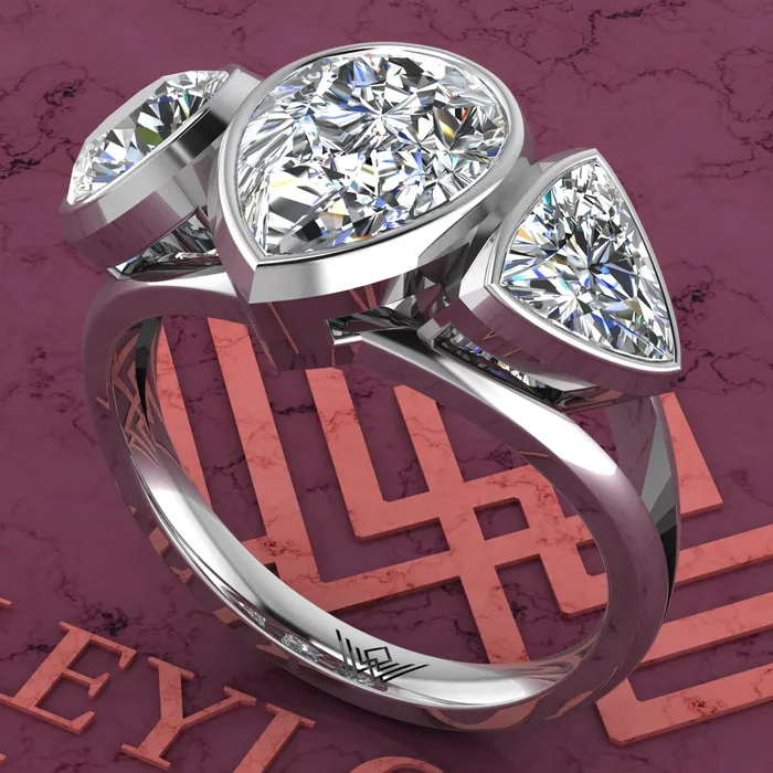 36 CTW Pear Cut ThreeStone Random Shape Bezel D Color Moissanite Ring Leyloon Jewelry Rings