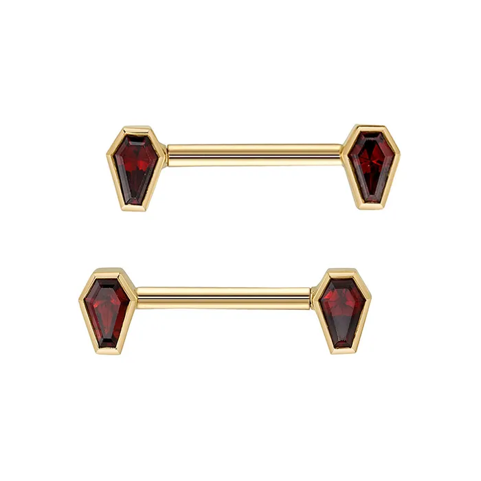 Body Vision BVLA Earrings Coffin Forward Facing Nipple Barbells in Gold with Garnets