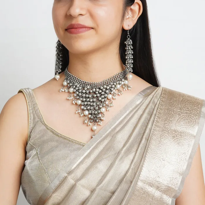 Necklaces Teejh Ruksaar Silver Oxidised Pearl Necklace Set