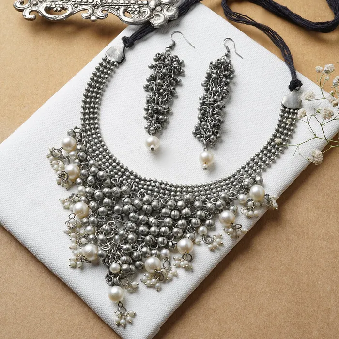 Necklaces Teejh Ruksaar Silver Oxidised Pearl Necklace Set