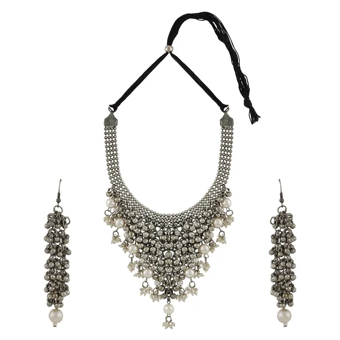 Necklaces Teejh Ruksaar Silver Oxidised Pearl Necklace Set