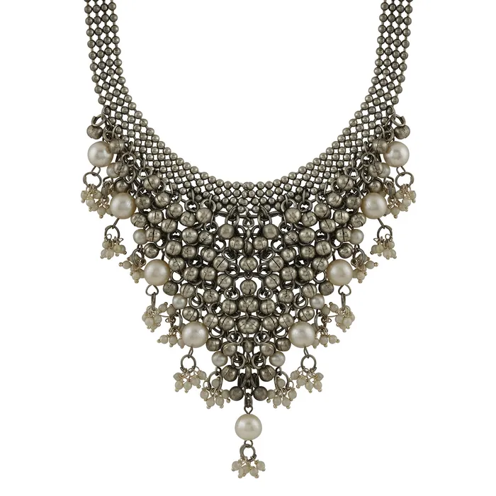 Necklaces Teejh Ruksaar Silver Oxidised Pearl Necklace Set