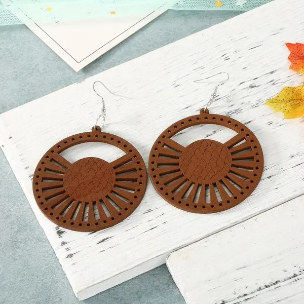 01 Earrings E270 Large Brown Round Wooden Earrings