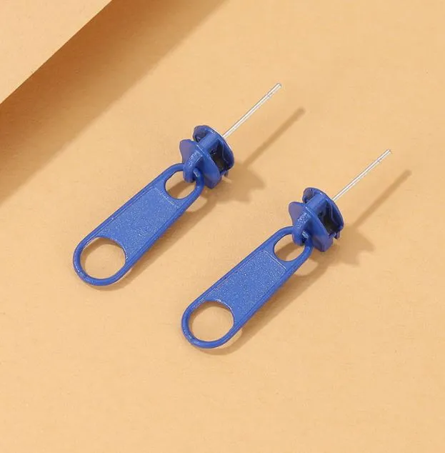 01 Earrings E738 Royal Blue Metal Zipper Earrings