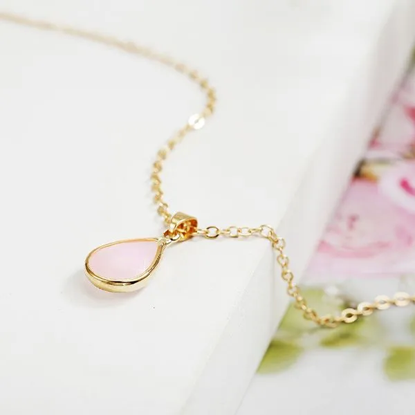 01 Necklaces N1889 Gold Pale Pink Teardrop Gemstone Necklace with FREE Earrings