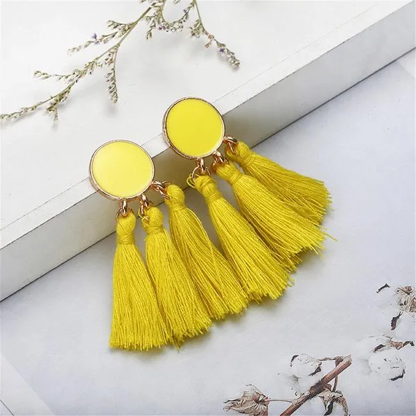 02 E1345 Yellow Baked Enamel Circle Triple Tassel Earrings Earrings