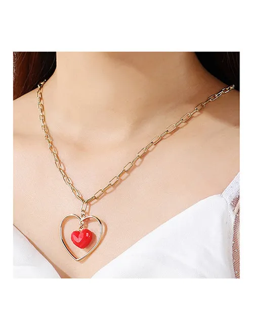 02 Necklaces N696 Gold Chain Heart Red Gemstone Necklace with FREE Earrings