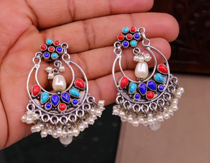 925 sterling silver handmade coral turquoise stone stud earring drop dangling best design charm earrings hanging tiny pearl jewelry s712 TRIBAL ORNAMENTS Earrings