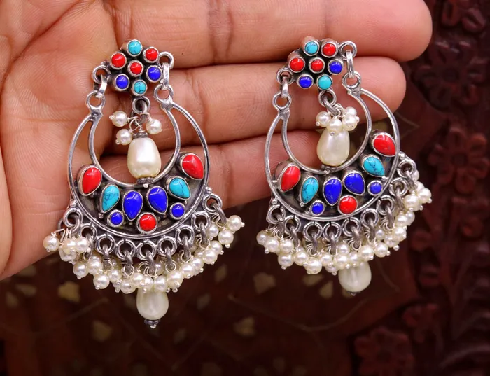 925 sterling silver handmade coral turquoise stone stud earring drop dangling best design charm earrings hanging tiny pearl jewelry s712 TRIBAL ORNAMENTS Earrings