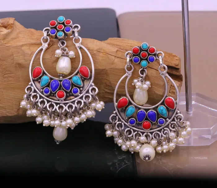 925 sterling silver handmade coral turquoise stone stud earring drop dangling best design charm earrings hanging tiny pearl jewelry s712 TRIBAL ORNAMENTS Earrings