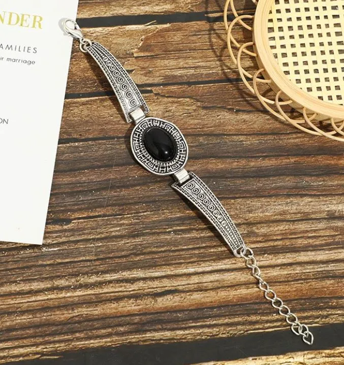 B1198 Silver Decorated Black Oval Gem Bracelet POLLY Bracelets