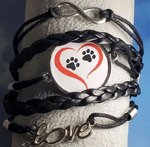 B135 Black Paw Prints Heart Layer Leather Bracelet alice Bracelets