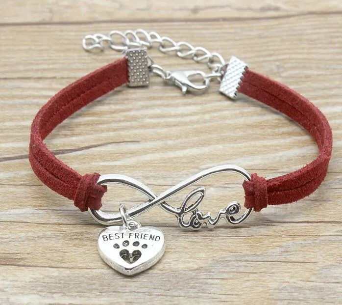 Bracelets polly B556 Red Best Friend Paw Print Leather Cord Bracelet
