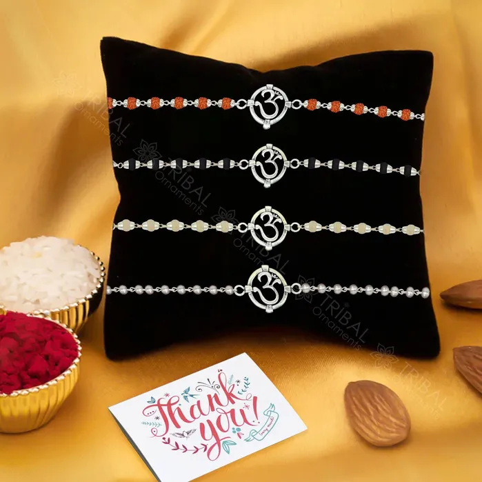 Bracelets TRIBAL ORNAMENTS 925 sterling silver handmade Sum ot OM design Rakhi bracelet amazing Rudrakshablack and wihte Tulsi beaded bracelet delicate jewelry rk248 Bracelets TRIBAL ORNAMENTS 925 sterling silver handmade Sum ot OM design Rakhi bracelet amazing Rudrakshablack and wihte Tulsi beaded bracelet delicate jewelry rk248