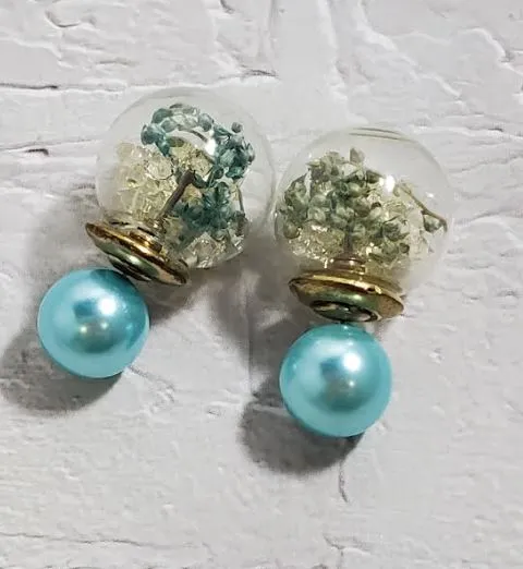 Earrings Susan E811 Light Blue Vine Gem Filled Double Ball Earrings