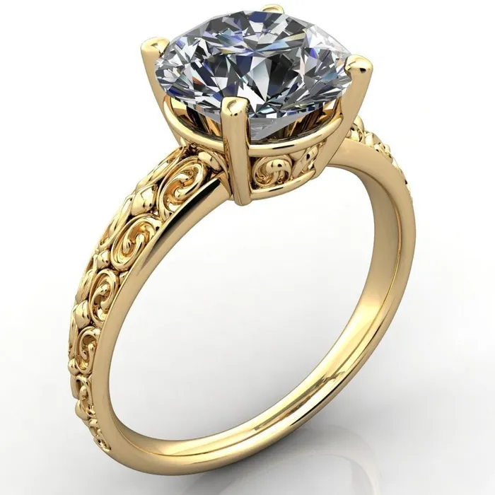 Fire Brilliance Enchanted Round Center Stone 4 Prong Antique Filigree Design Ring Rings