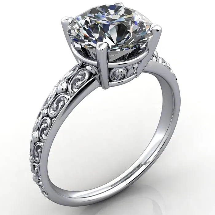 Fire Brilliance Enchanted Round Center Stone 4 Prong Antique Filigree Design Ring Rings