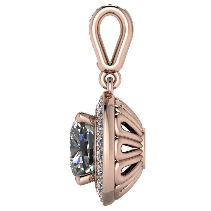 Fire Brilliance Necklaces Cushion Moissanite 4 Prong Diamond Halo and Bail Pendant