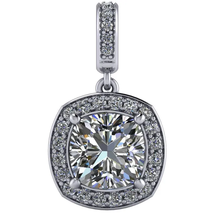 Fire Brilliance Necklaces Cushion Moissanite 4 Prong Diamond Halo and Bail Pendant
