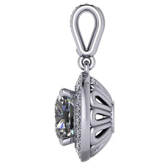 Fire Brilliance Necklaces Cushion Moissanite 4 Prong Diamond Halo and Bail Pendant