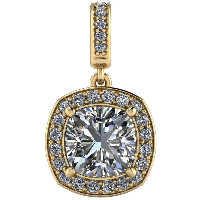 Fire Brilliance Necklaces Cushion Moissanite 4 Prong Diamond Halo and Bail Pendant