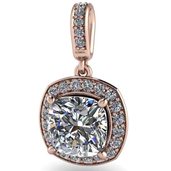 Fire Brilliance Necklaces Cushion Moissanite 4 Prong Diamond Halo and Bail Pendant