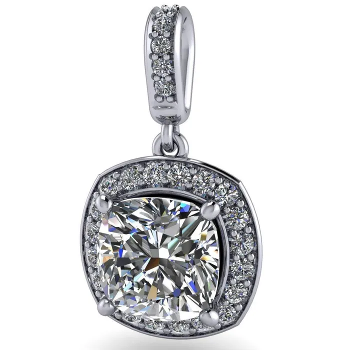 Fire Brilliance Necklaces Cushion Moissanite 4 Prong Diamond Halo and Bail Pendant