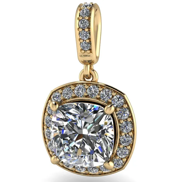 Fire Brilliance Necklaces Cushion Moissanite 4 Prong Diamond Halo and Bail Pendant