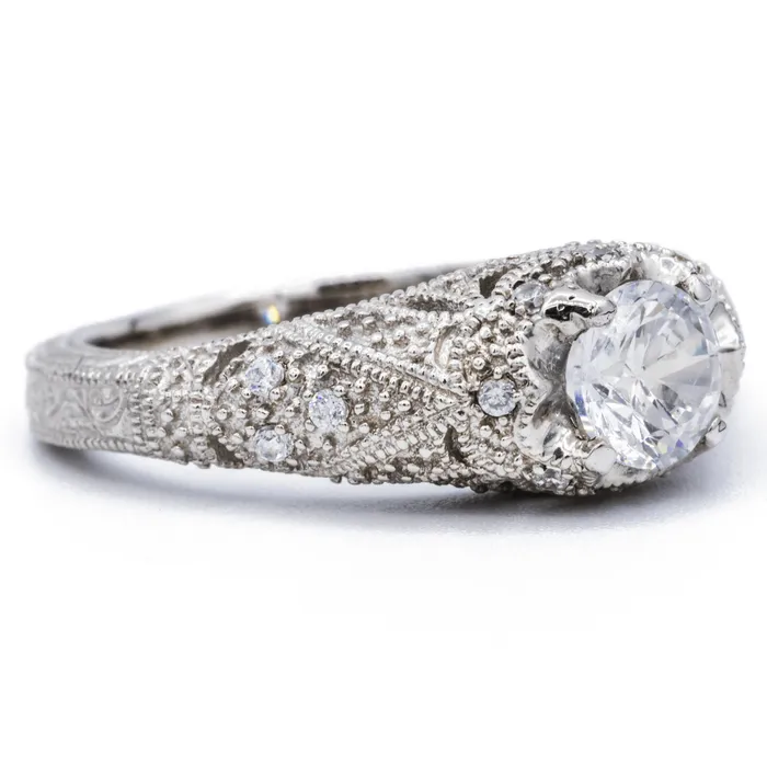 Fire Brilliance Rings 55mm Round Center 14K White Solid Gold Milgrain Vintage Band Design Ring