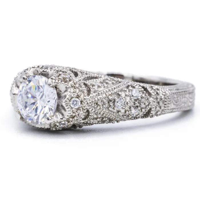 Fire Brilliance Rings 55mm Round Center 14K White Solid Gold Milgrain Vintage Band Design Ring