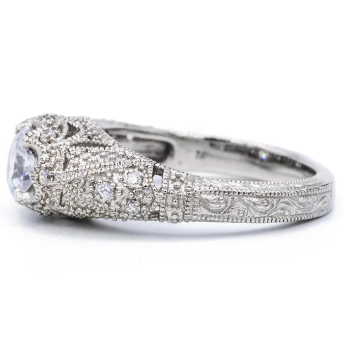 Fire Brilliance Rings 55mm Round Center 14K White Solid Gold Milgrain Vintage Band Design Ring