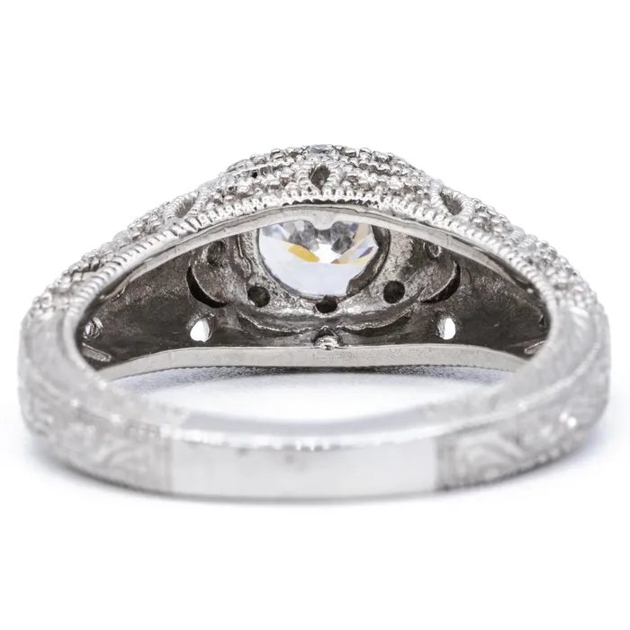Fire Brilliance Rings 55mm Round Center 14K White Solid Gold Milgrain Vintage Band Design Ring