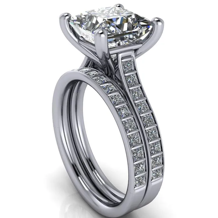 Fire Brilliance Rings Sonia PrincessSquare Moissanite 4 Prong Bar Shank Engagement Ring