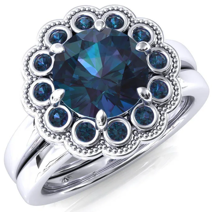 Fire Brilliance Zinnia Round Alexandrite 6 Prongs Milgrain Halo Accent Alexandrite Ring Rings