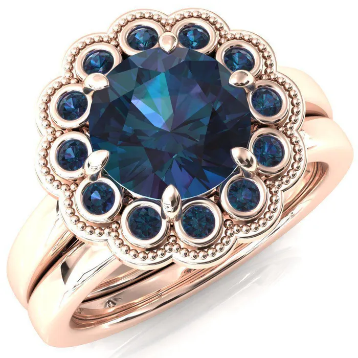 Fire Brilliance Zinnia Round Alexandrite 6 Prongs Milgrain Halo Accent Alexandrite Ring Rings