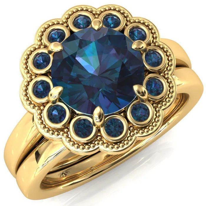 Fire Brilliance Zinnia Round Alexandrite 6 Prongs Milgrain Halo Accent Alexandrite Ring Rings