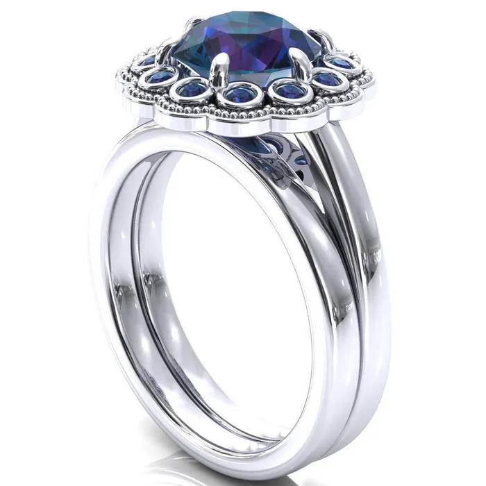 Fire Brilliance Zinnia Round Alexandrite 6 Prongs Milgrain Halo Accent Alexandrite Ring Rings