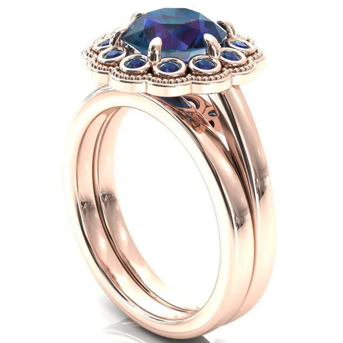 Fire Brilliance Zinnia Round Alexandrite 6 Prongs Milgrain Halo Accent Alexandrite Ring Rings