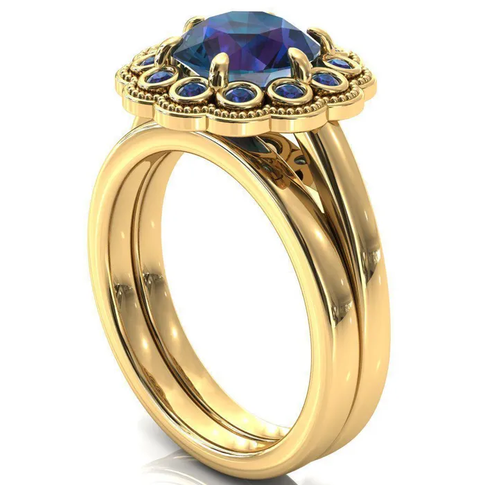 Fire Brilliance Zinnia Round Alexandrite 6 Prongs Milgrain Halo Accent Alexandrite Ring Rings