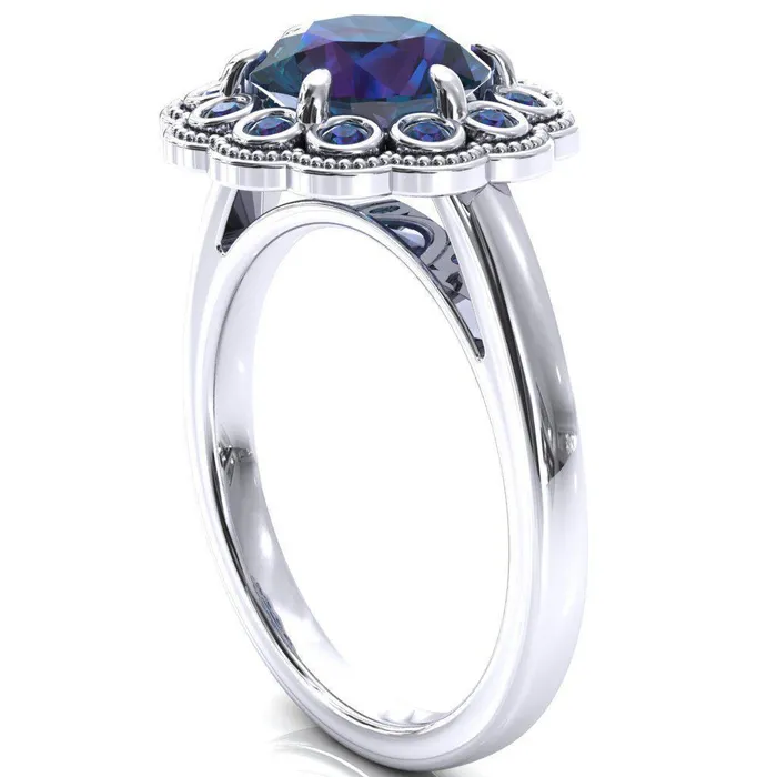 Fire Brilliance Zinnia Round Alexandrite 6 Prongs Milgrain Halo Accent Alexandrite Ring Rings