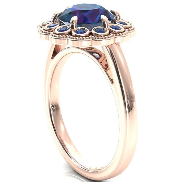 Fire Brilliance Zinnia Round Alexandrite 6 Prongs Milgrain Halo Accent Alexandrite Ring Rings