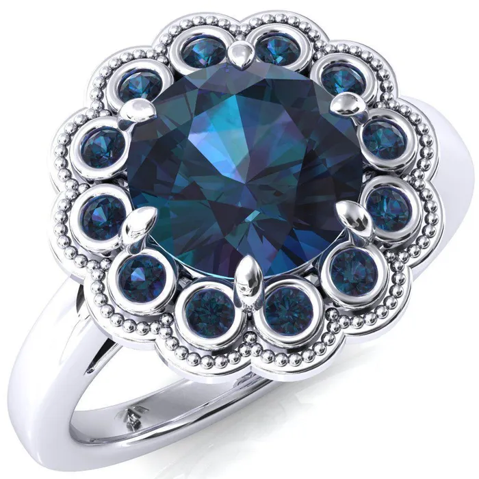 Fire Brilliance Zinnia Round Alexandrite 6 Prongs Milgrain Halo Accent Alexandrite Ring Rings