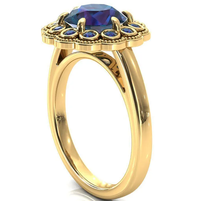 Fire Brilliance Zinnia Round Alexandrite 6 Prongs Milgrain Halo Accent Alexandrite Ring Rings