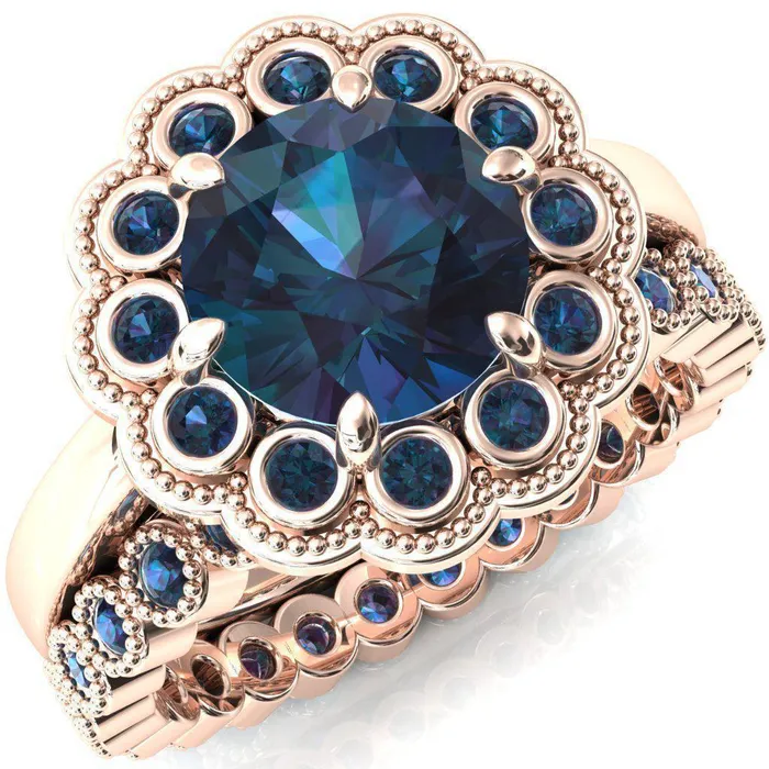 Fire Brilliance Zinnia Round Alexandrite 6 Prongs Milgrain Halo Accent Alexandrite Ring Rings