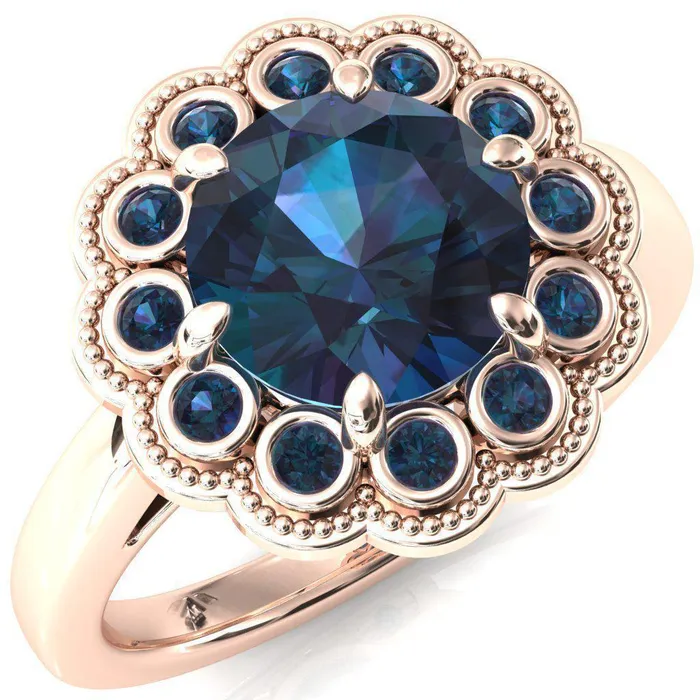Fire Brilliance Zinnia Round Alexandrite 6 Prongs Milgrain Halo Accent Alexandrite Ring Rings