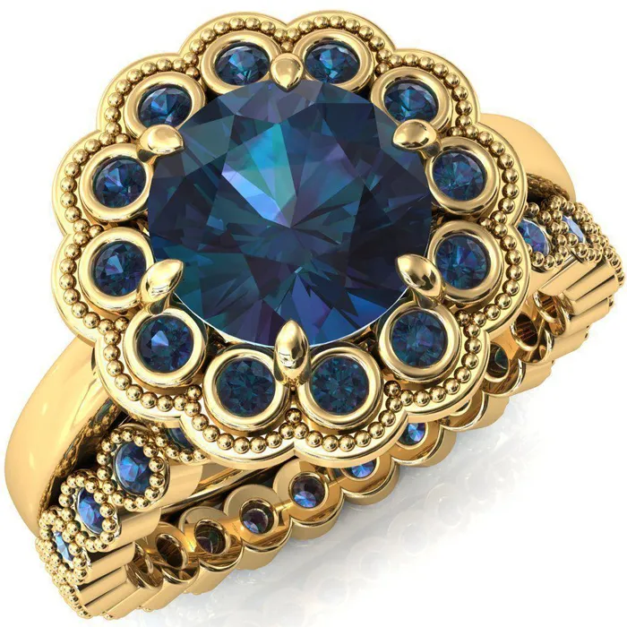 Fire Brilliance Zinnia Round Alexandrite 6 Prongs Milgrain Halo Accent Alexandrite Ring Rings