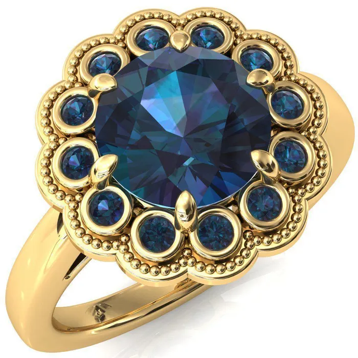 Fire Brilliance Zinnia Round Alexandrite 6 Prongs Milgrain Halo Accent Alexandrite Ring Rings