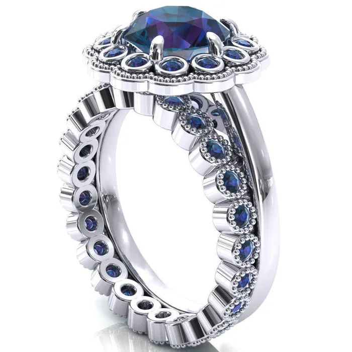 Fire Brilliance Zinnia Round Alexandrite 6 Prongs Milgrain Halo Accent Alexandrite Ring Rings