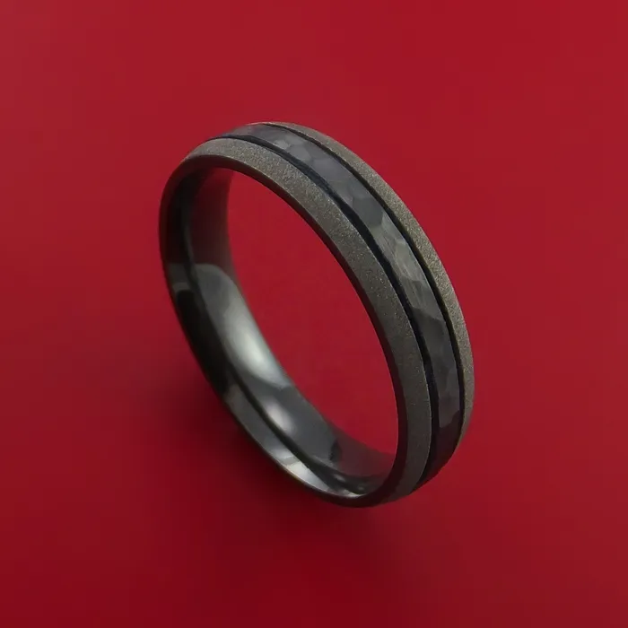Lashbrook Rings Hammered Black Zirconium Ring with Groove Inlay Custom Made Band Lashbrook Rings Hammered Black Zirconium Ring with Groove Inlay Custom Made Band